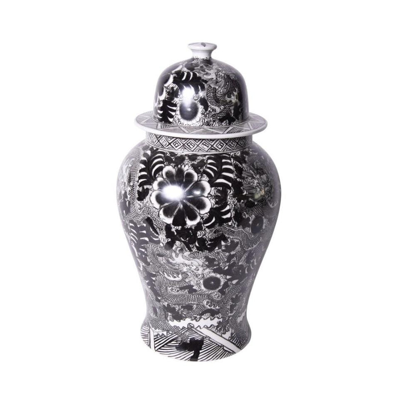Dragon & Floral Motif Temple Jar, Black - BlueJay Avenue