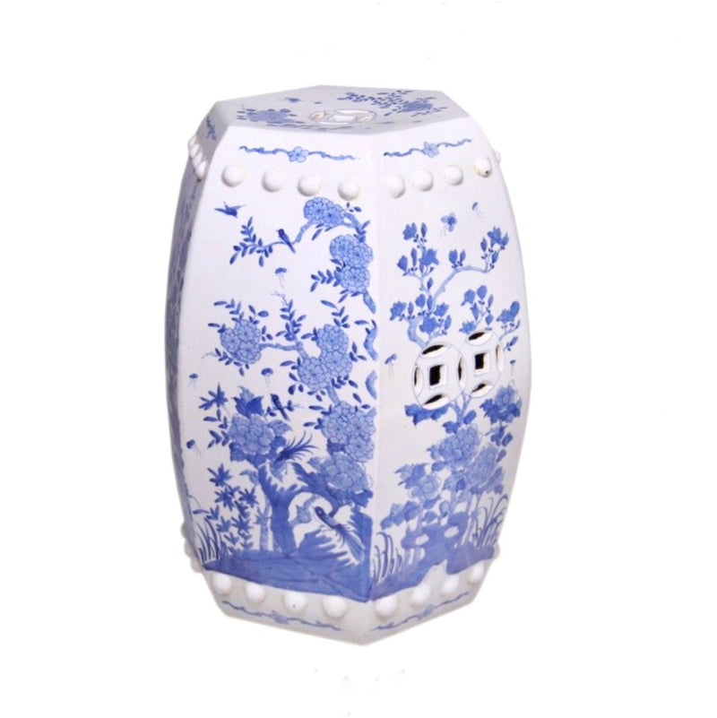 Hexagonal Blue & White Floral Bird Garden Stool - BlueJay Avenue