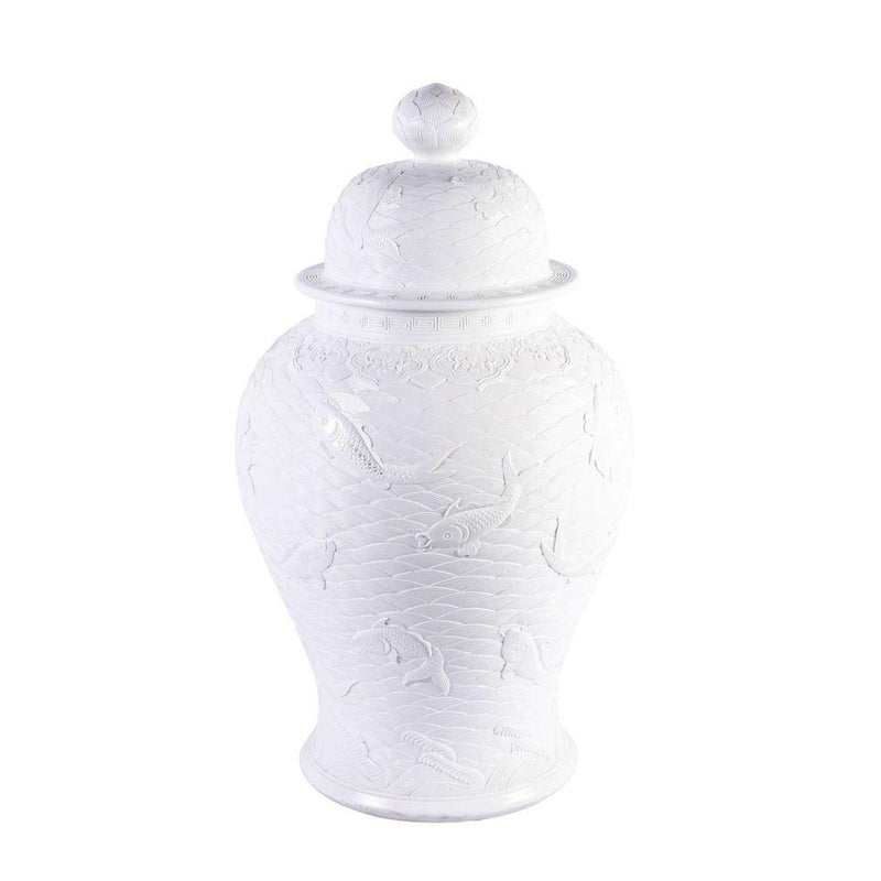 High-White Carved Fish Temple Jar - BlueJay Avenue