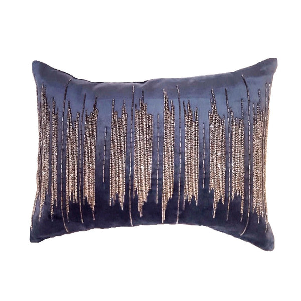 Jericho Beaded Embroidered Viscose Velvet Pillow Cover with Insert, Blue, 12"x20" - BlueJay Avenue