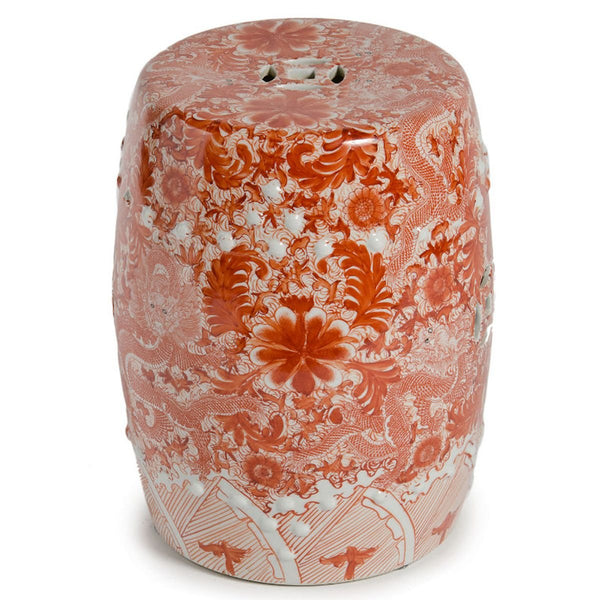 Orange Porcelain Garden Stool W/ Dragon Motif - BlueJay Avenue