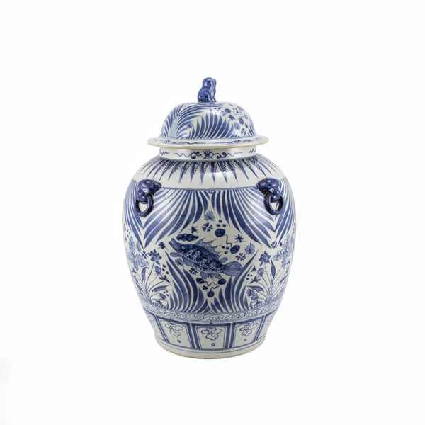 Porcelain Village Fish Lidded Jar With Foo Dog Handles - BlueJay Avenue
