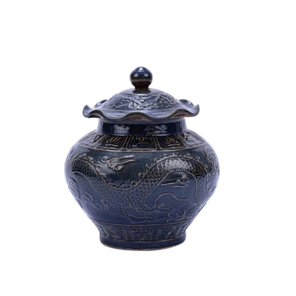 Rust Charcoal Carved Dragon Lotus Porcelain Jar - BlueJay Avenue