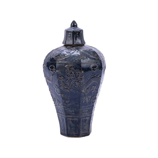 Rust Charcoal Carved Dragon Plum Porcelain Vase - BlueJay Avenue