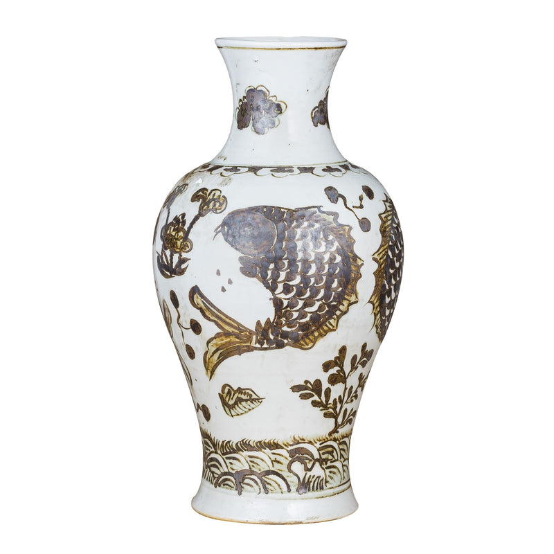 Rusty Brown Vase Fish Lotus Motif - BlueJay Avenue