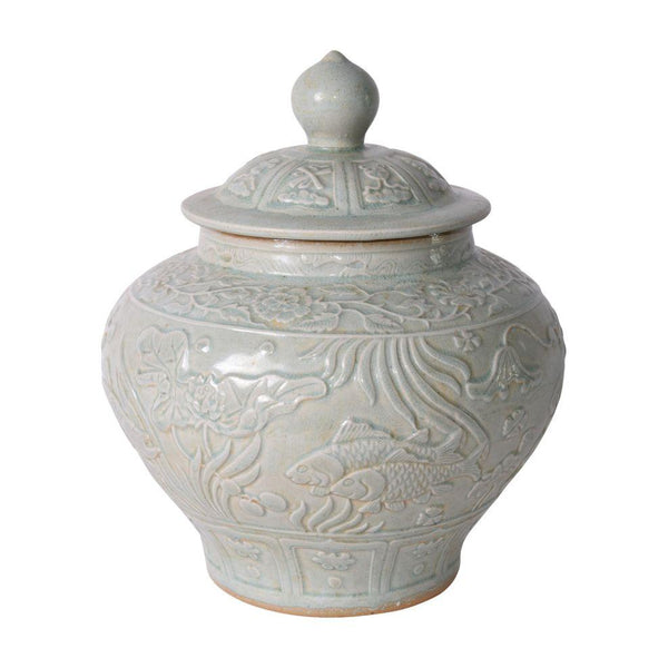 Sage Green Embossed Fish Porcelain Ginger Jar - BlueJay Avenue