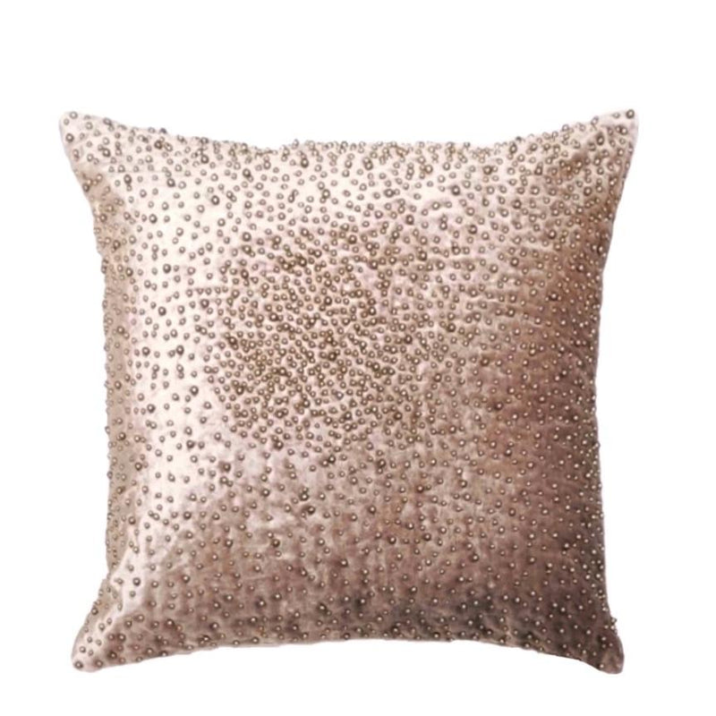 Sasha Pearl Embroidered Velvet Pillow Cover with Insert, Light Brown - BlueJay Avenue