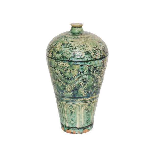 Speckled Green Carved Dragon Plum Vase - BlueJay Avenue