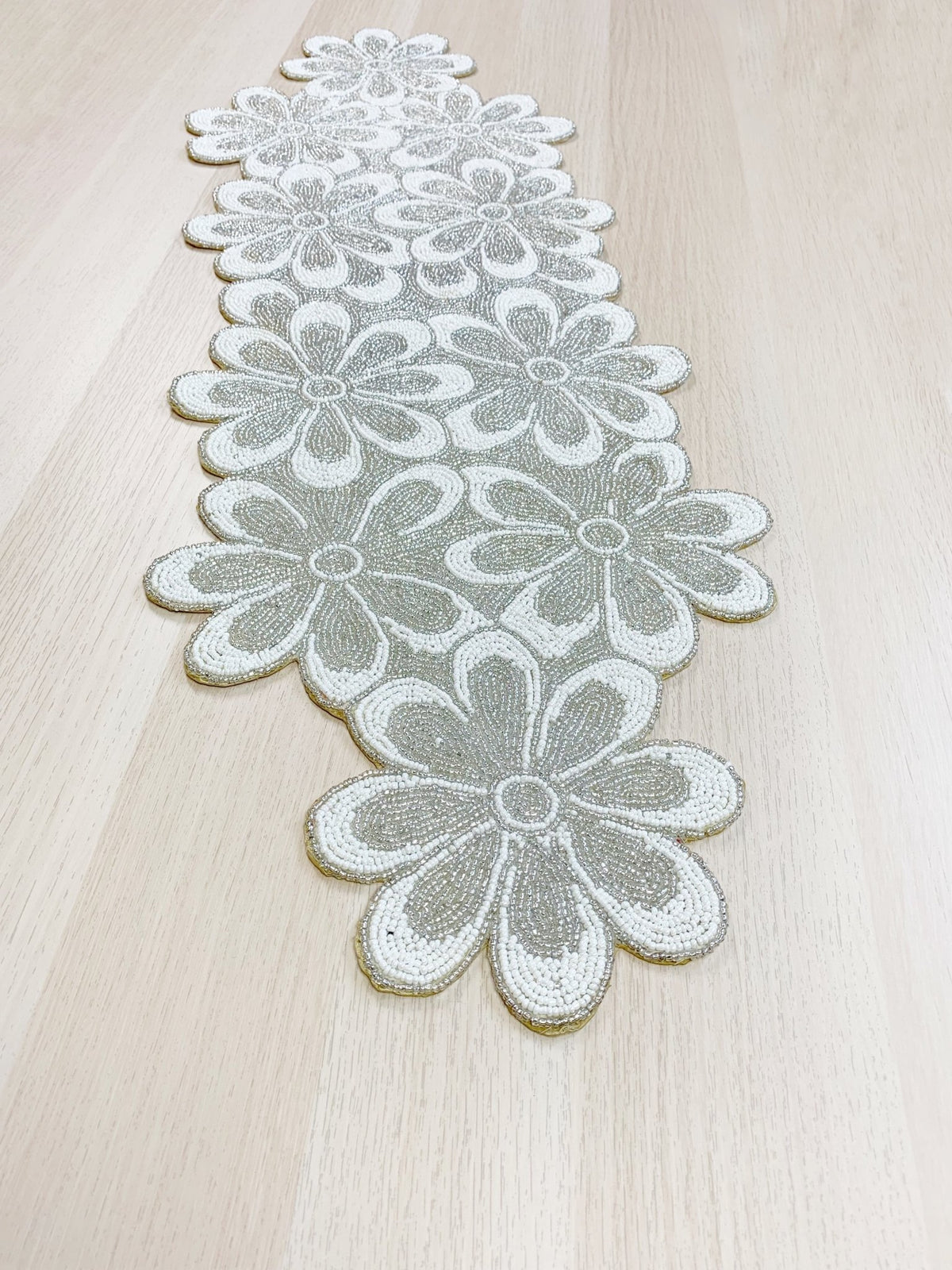 White Floral Beaded table Runner - BlueJay Avenue