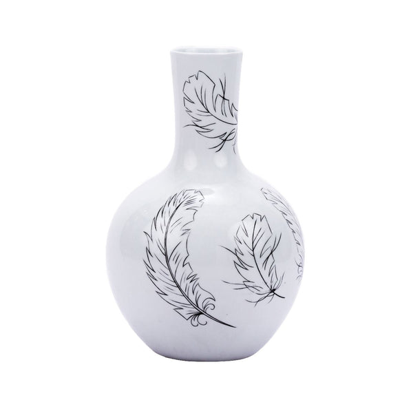 White Globular Vase With Black Feathers - BlueJay Avenue