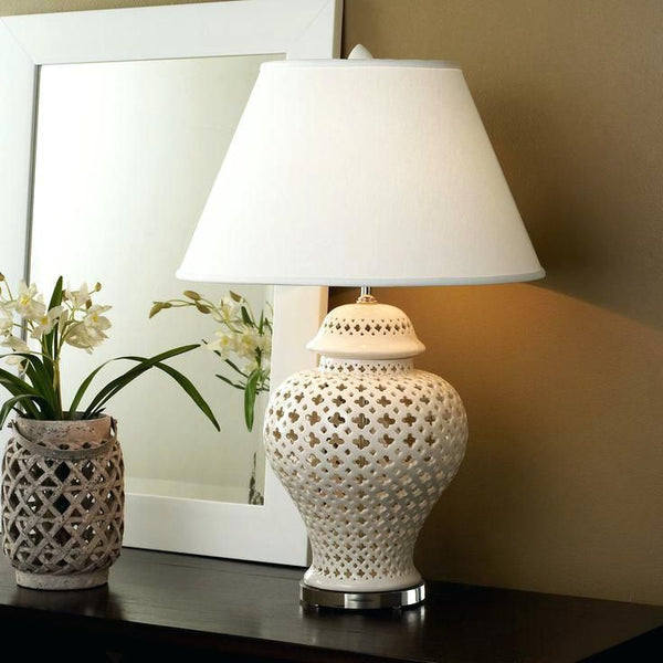 White Lattice Ginger Jar Lamp - BlueJay Avenue