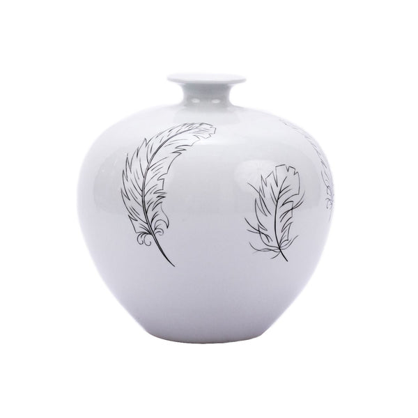 White Pomegranate Vase With Black Feathers - BlueJay Avenue