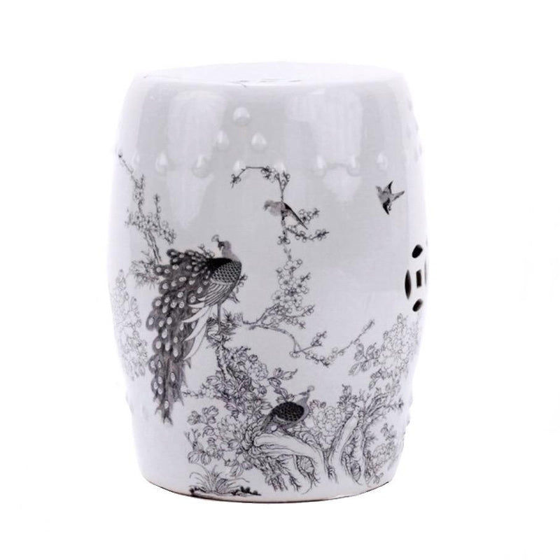 White Porcelain Garden Stool in Black Peacock Motif - BlueJay Avenue