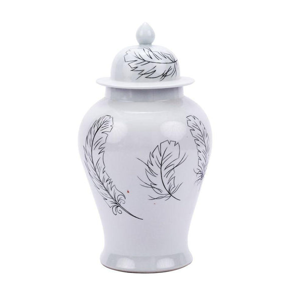 White Temple Jar With Black Feathers - BlueJay Avenue